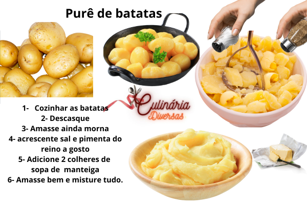 Imagem mostrando passo a passo como fazer o purê de batatas.