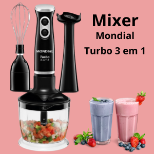 Imagem de um Mixer Mondial turbo 3 em 1, potência 350 e jarra com capacidade de 600 ml. Custo benefício ótimo e o link .