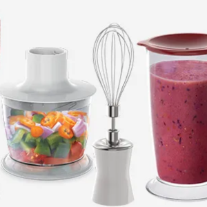 Imagem com o batedor de claras em neve, o multiprocessador de alimentos mais s&oacute;lidos e o copo com tampa de 700 ml. E o link de onde encontrar.