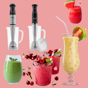Imagem mostrando vários tipos de vitaminas prontas feito por um mixer.