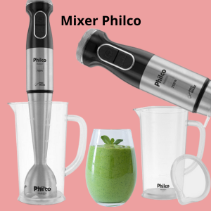 Imagem demonstrando um mixer da marca Philco de uma peça só, e o link ao lado.