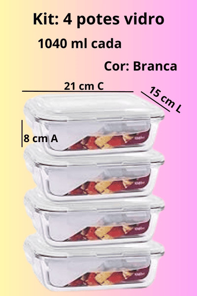 Kit com 4 potes de vidro retangular
capacidade: 1040 ml cada
Tampa hermética, cor branca, serve como marmita e organização de alimentos.