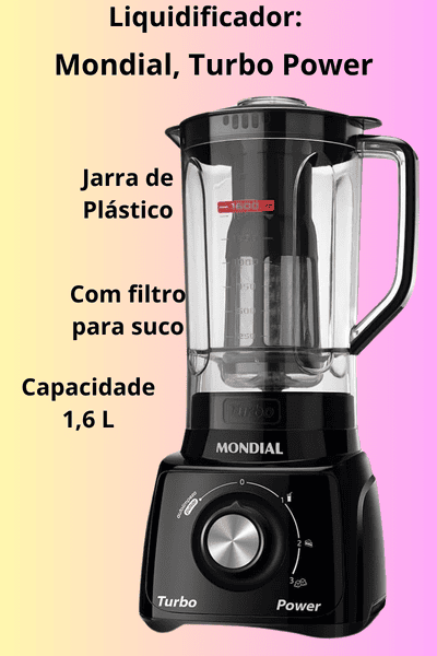 Imagem : Liquidificador. Marca Mondial Turbo power com Jarra de plástico resistente, com filtro para suco. Capacidade 1,6 Lt, 3 velocidade + pulsar. Excelente custo benefício.
Modelo: Mondial, L-99 FB