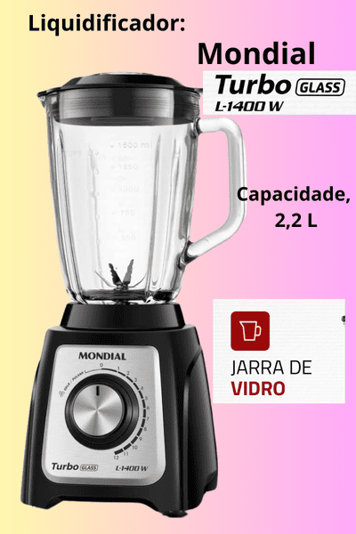 Imagem: Liquidificador. Marca Mondial Turbo Glass. Jarra de vidro grosso resistente. Capacidade 2,2 Lt.
12 velocidade + pulsar.
Modelo: L-1400 GI