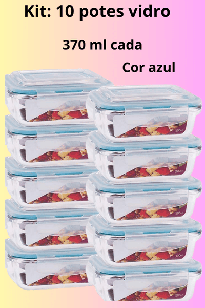 Vitrine da Loja da Cozinha.
Kit 10 potes de vidros de 370 ml. Formato retangular, com tampas herméticas. na cor azul, Essencial na organização da geladeira e do armário, e também serve como marmita.