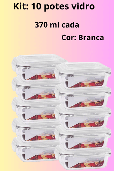 Imagem de um kit de potes de vidro com tampas hermeticas, na cor branca, 370 ml cada, excelente custo benefício.