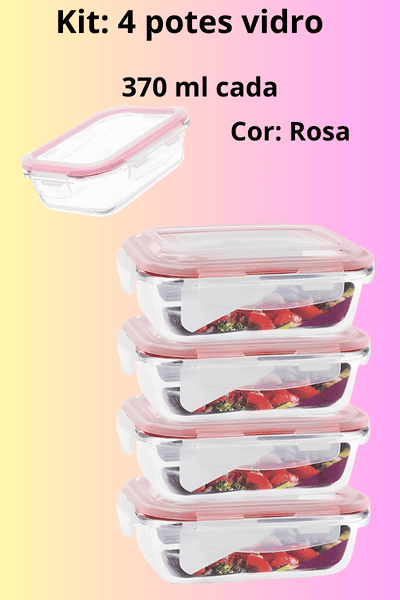 Imagem de kit com 4 potes de vidro 370 ml cada tampas hermeticas com silicone cor rosa. é usado como marmita e para organização de alimentos.