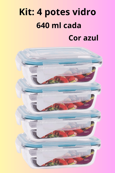 Vitrine Loja da cozinha do Blog, culinariadiversas.com
Kit com 4 potes de vidro retangular 640 ml cada, tampas herméticas na cor azul.