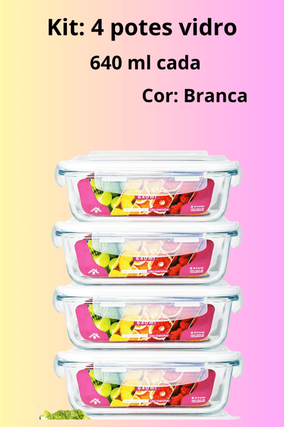 Imagem de um kit de 4 potes de vidros com tampas herméticas na cor branca, capacidade 640 ml cada, indispensável em nossa cozinha.