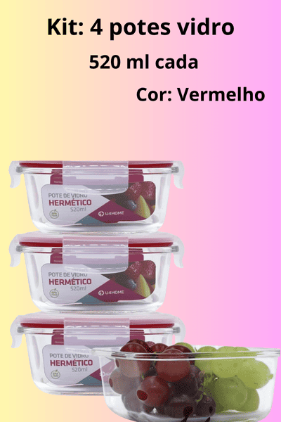Imagem de um Kit de 4 potes de vidro 520 ml cada, com tampas herméticas na cor vermelha, excelente para uso na organização de alimentos. e como marmita.