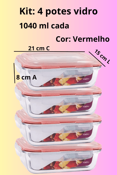 Imagem de Kit com 4 potes de vidro, formato retangular.
Capacidade de 1040 ml cada.
Tampa hermética na cor vermelha.