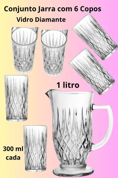 Imagem de conjunto com jarra 6 copos trabalhados em vidro diamante. Marca Lyor, designe sofisticado.