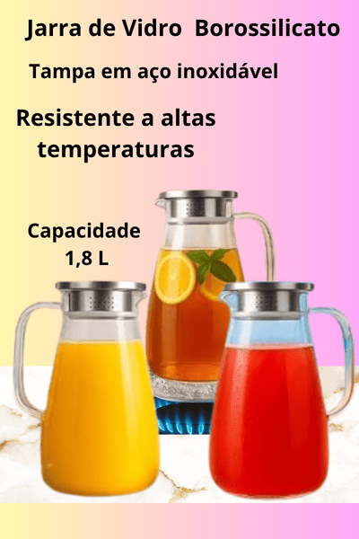 Imagem de Jarra de Vidro Borossilicato, com Tampa em aço inoxidável. Vidro fino mas resistente. Capacidade 1,8 Lt,