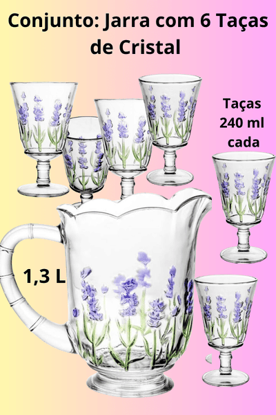 Imagem de um conjunto de Jarra com 6 taças, em Cristal, as peças são decoradas com Lavandas pintada a mão. Marca Lyor. Beleza e elegancia na sua mesa.