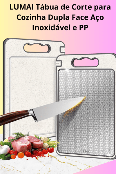 Imagem de Tábua de corte dupla face para cozinha. Material Aço inoxidável, com canaleta antirespingo e antiderrapante. Mais higiene na sua cozinha.