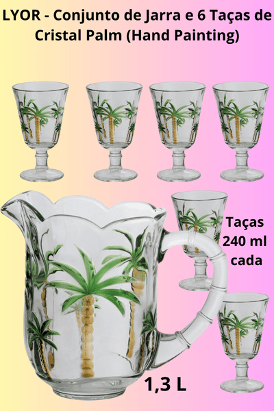 Imagem de um conjunto de Jarra com 6 taças, em Cristal, as peças são decoradas com palmeiras pintada a mão. Marca Lyor. Requinte e elegancia à mesa.