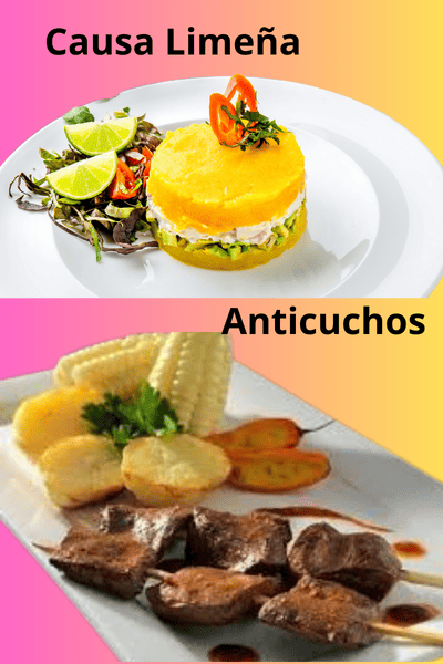 Imagem de pratos com comida peruana como: causa limeña e anticuchos.
