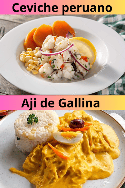 Imagem de pratos de comida peruana. Como: Ceviche e Aji-de-galinha.